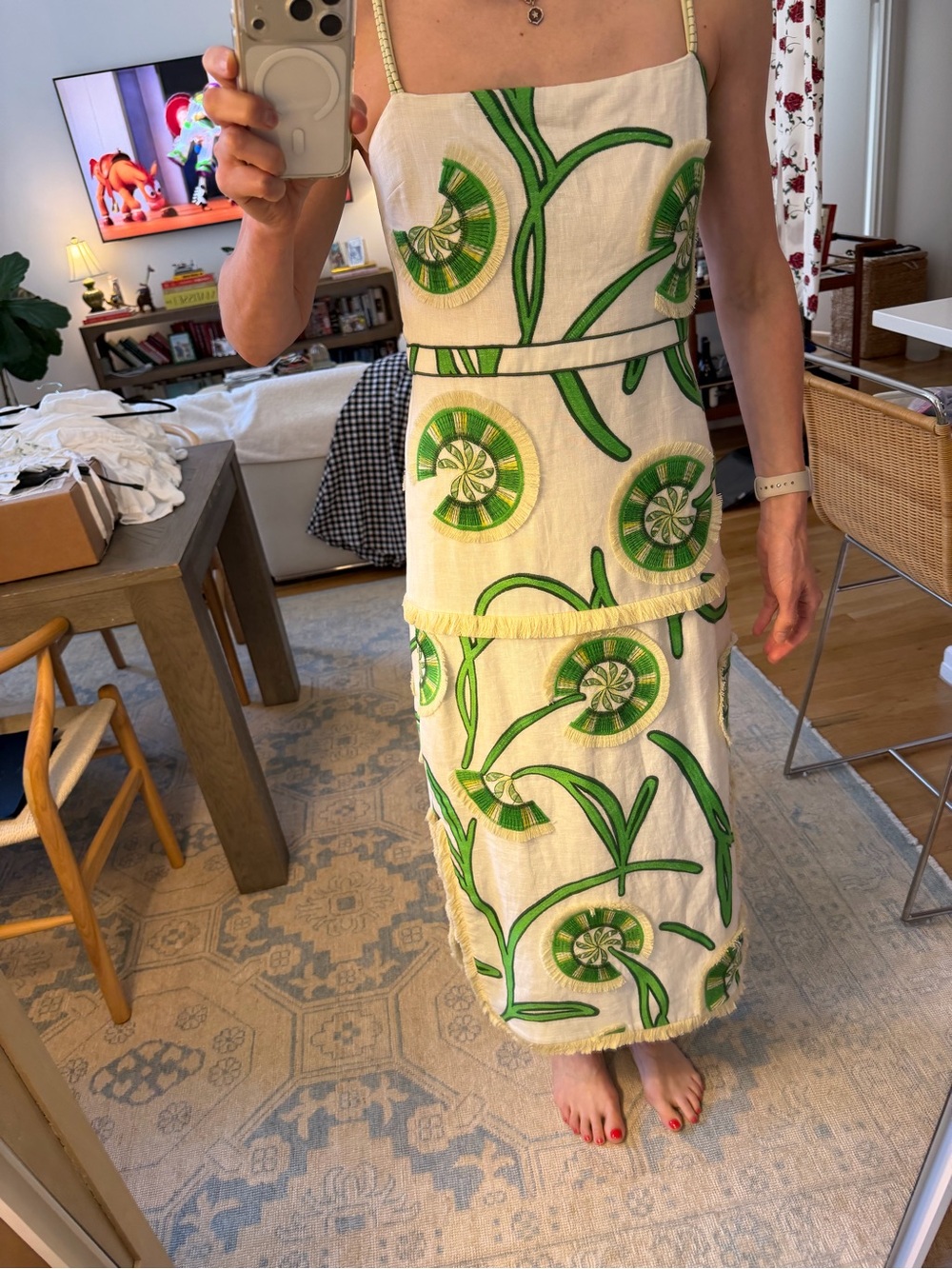 Alexis Cream & Green Floral Linen Slip Dress - Picture 9 of 11